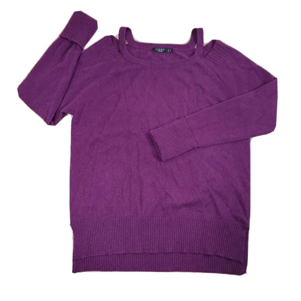 Lusso Women's SMALL 100% Cashmere Sweater Cold Shoulder Pullover Purple Plum